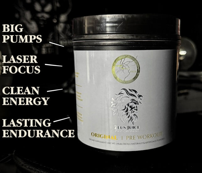 Pre-workout supplement container with text highlighting effects on a dark background