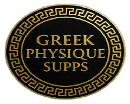 Circular logo with 'Greek Physique Supps' text on a white background